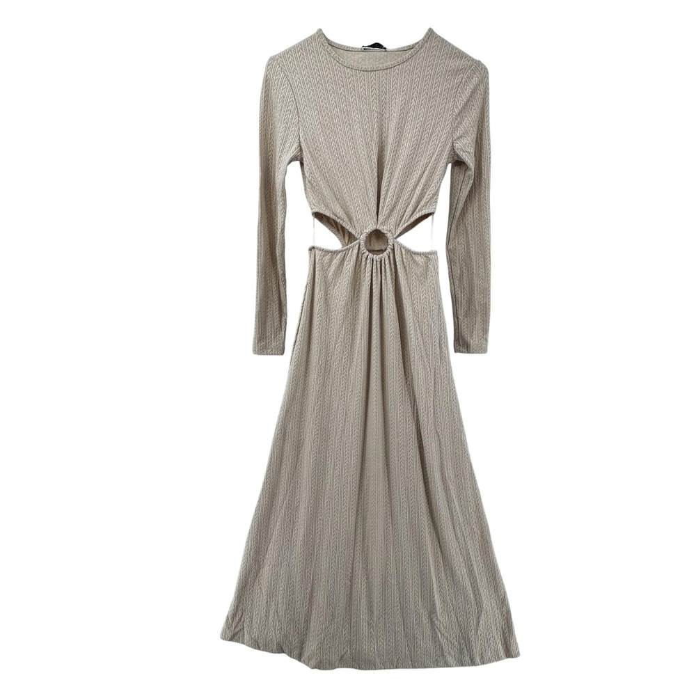 Zara Dress Womens Medium‎ Beige Long Sleeve Rib Knit Ring Cutout Waist Maxi New